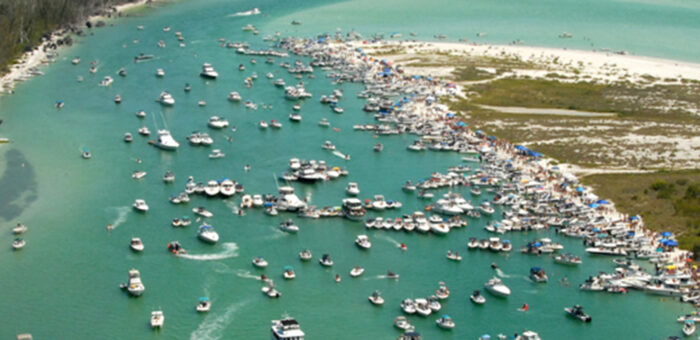 boats anchored along a Florida islet