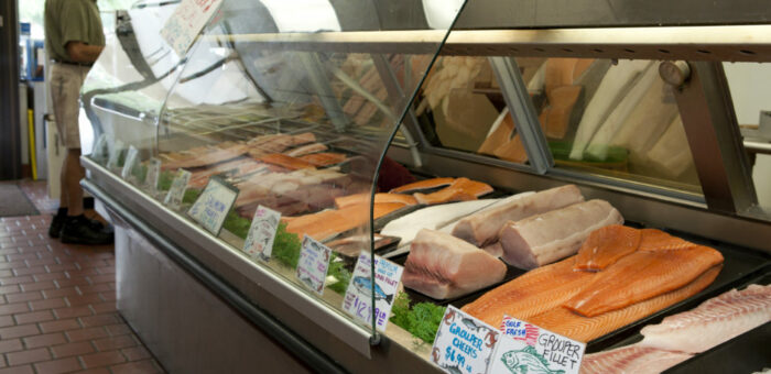 Grouper and assorted seafood fillets on display at a store in case