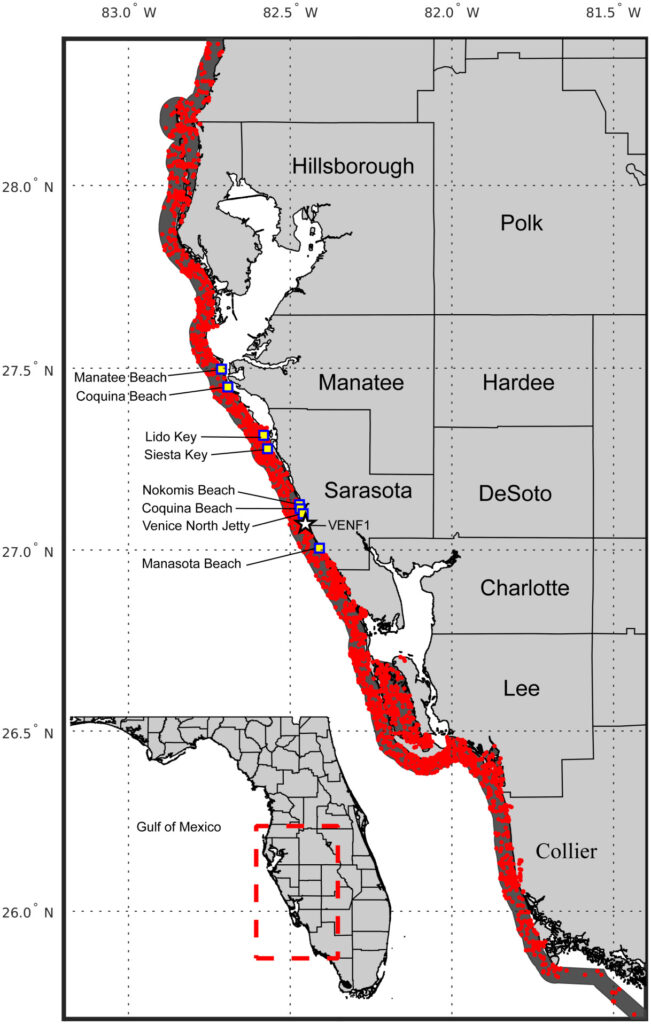 map of red tide respiratory monitoring from hillsborough to collier counties