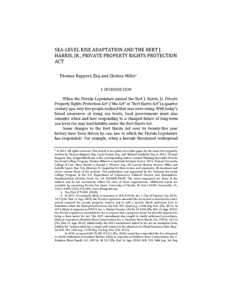 Sea Level Rise Adaption & The Bert J. Harris, Jr., Private Property