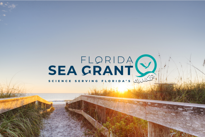 sunsetting on the ocean with a beach entrance in the foreground, florida sea grant logo embedded atop the scene