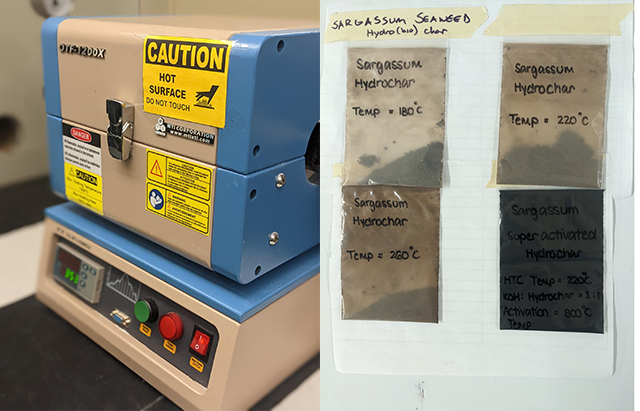 tube furnace and sargassum biochar samples