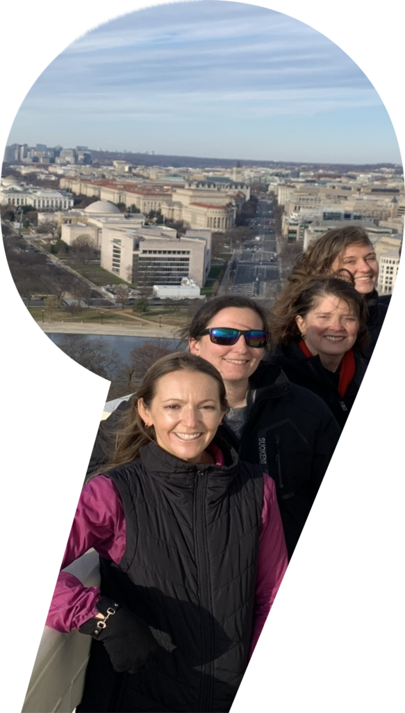 group of people standing on capitol dome with the mall in background