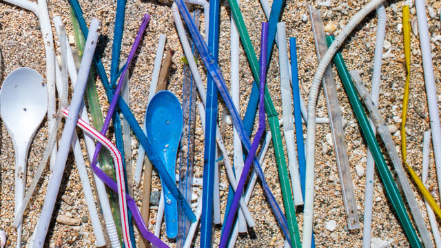 plastic trash on beach sand