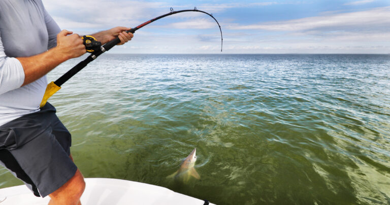 A fisherman standing on the edge of a white boat reels in a small shark, with his fishing rod bent in a sharp curve over the water. The man wears a light grey long-sleeved shirt and dark grey shorts as he grips the rod tightly with both hands. The shark's head and pointed dorsal fin break the surface of the green, brackish coastal water, which ripples outward under a wide, partly cloudy sky on the horizon.