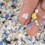 A person's fingers hold several small, colorful pieces of microplastic fragments over a large, blurry pile of multi-colored plastic debris.