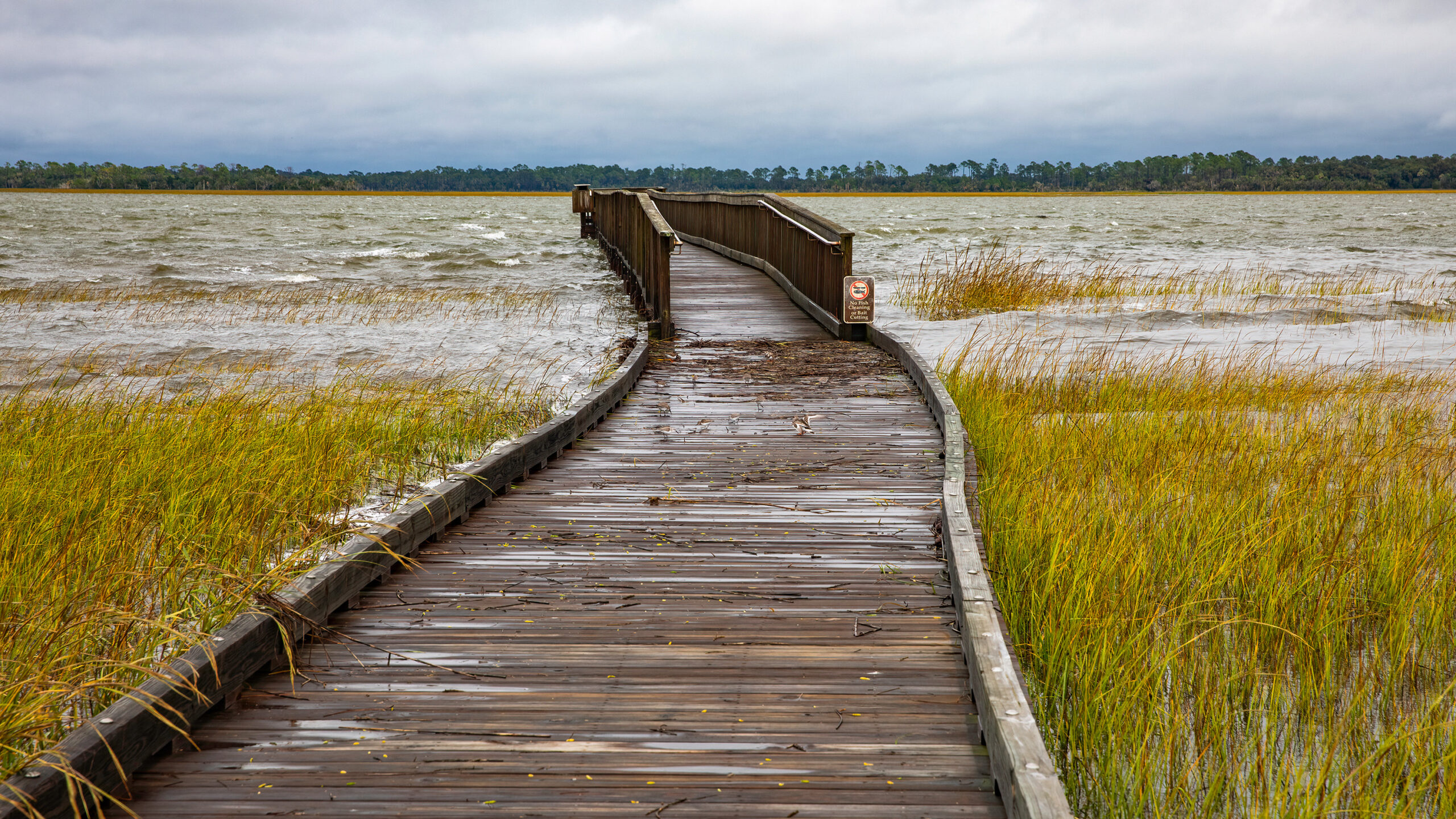 A flooded wooden boardwalk curves forward into a vast coastal marshland under a cloudy, overcast sky.