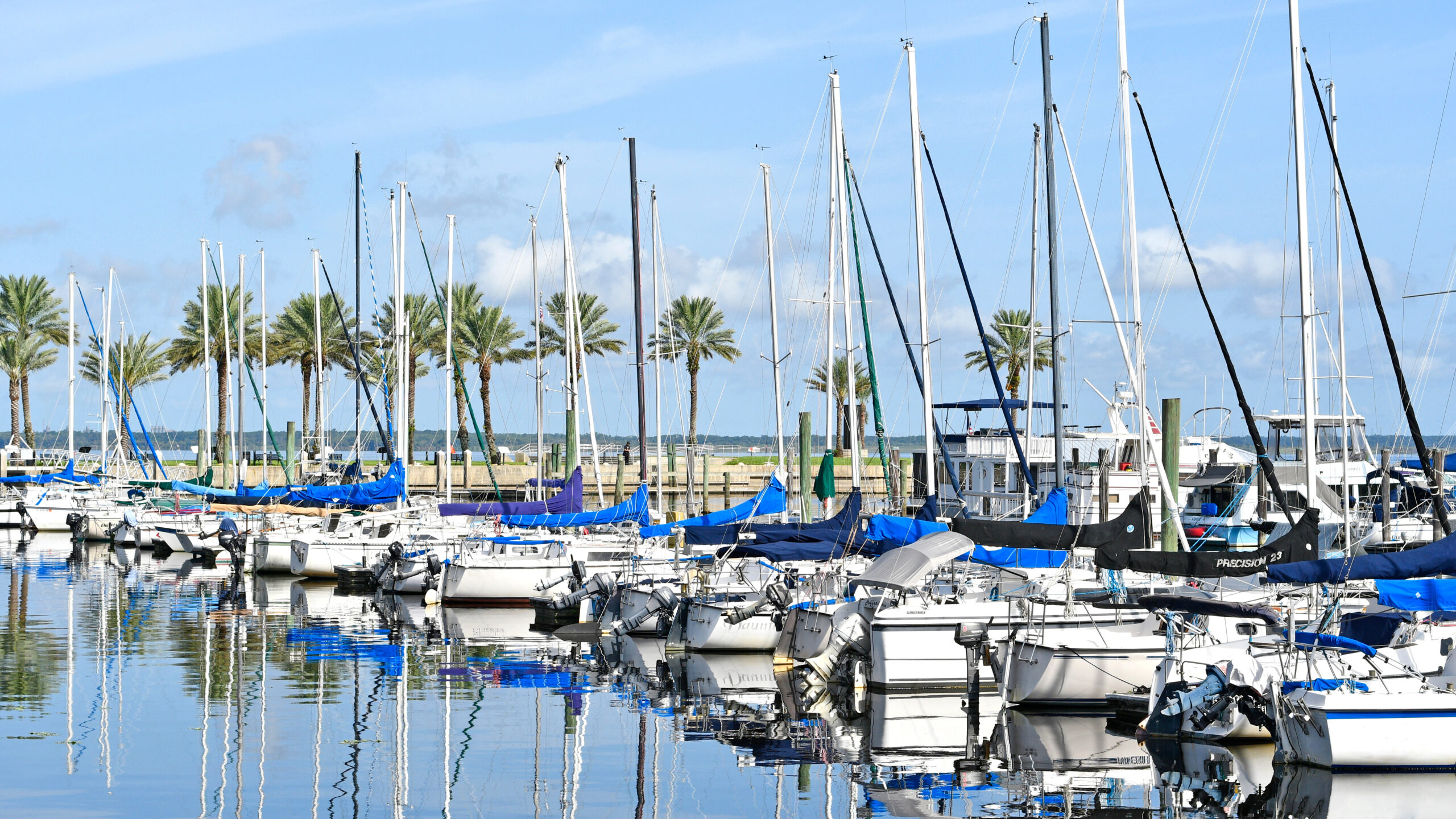 Sailboats docked at marina near downtown Sanford, Florida on Lake Monroe.