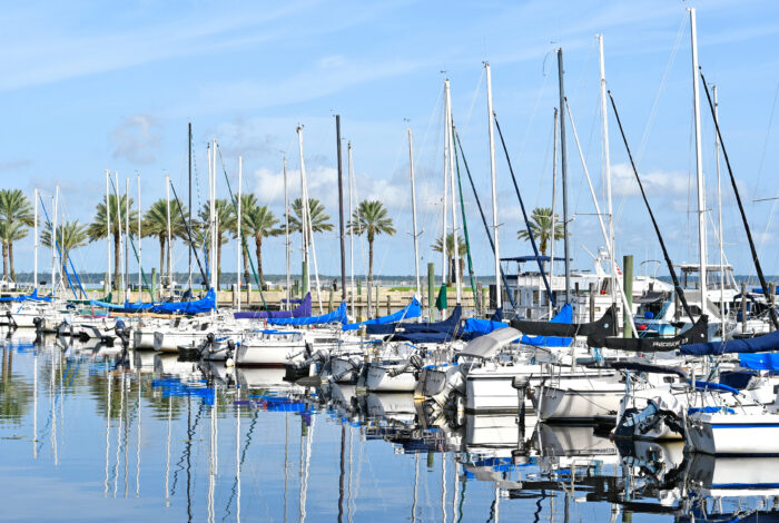 Sailboats docked at marina near downtown Sanford, Florida on Lake Monroe.