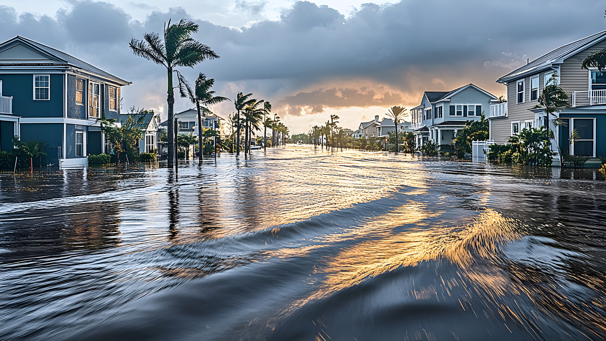 Homes on flooded street during a hurricane, tropical storm, Florida