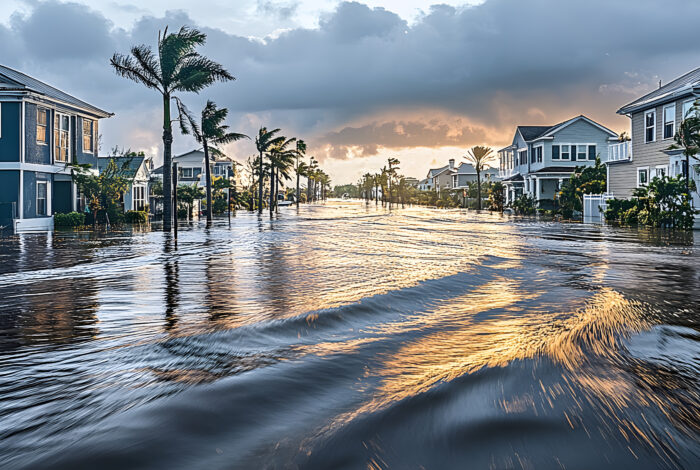 Homes on flooded street during a hurricane, tropical storm, Florida