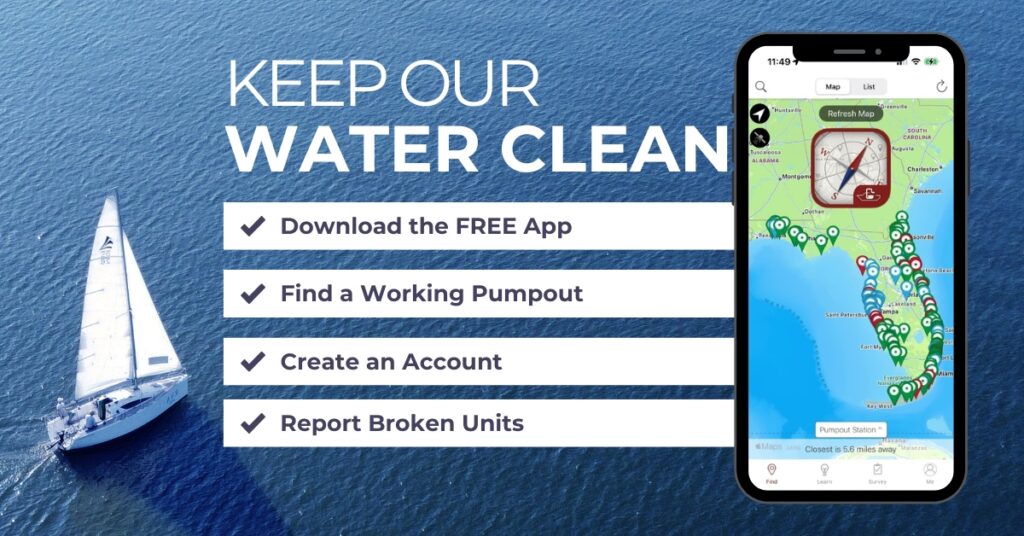 graphic showing a representation of the pumpout app on a phone over a background of water with a sailboat