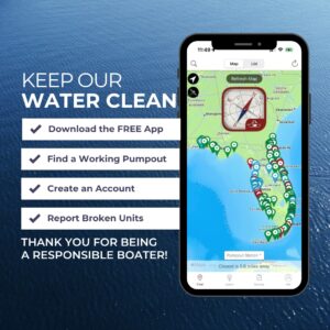 graphic showing a representation of the pumpout app on a phone over a background of water