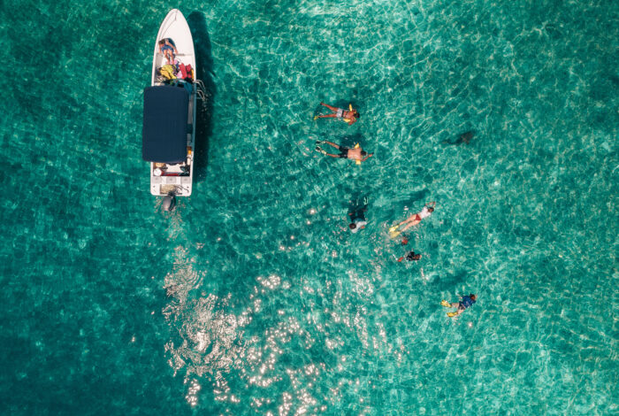 An aerial, top-down view shows a small white boat with a dark canopy anchored on the left side of vibrant, clear turquoise water. Several snorkelers swim spread out in the rippling sea to the right of the boat, with a dark shark shape faintly visible beneath the surface near them.