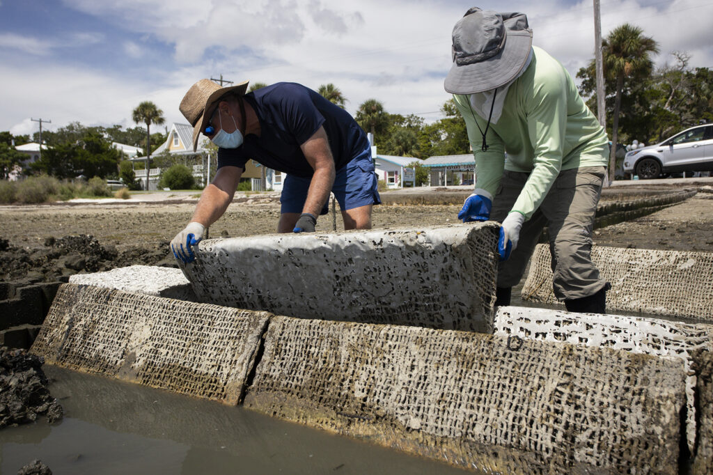 Two people wearing hats, sunglasses, and gloves work together on a muddy shoreline to position a long, textured grey concrete block onto a row of similar artificial reef modules. The block features a highly irregular, mesh-like surface pattern, with coastal houses, palm trees, and a white SUV visible in the background under a cloudy sky.