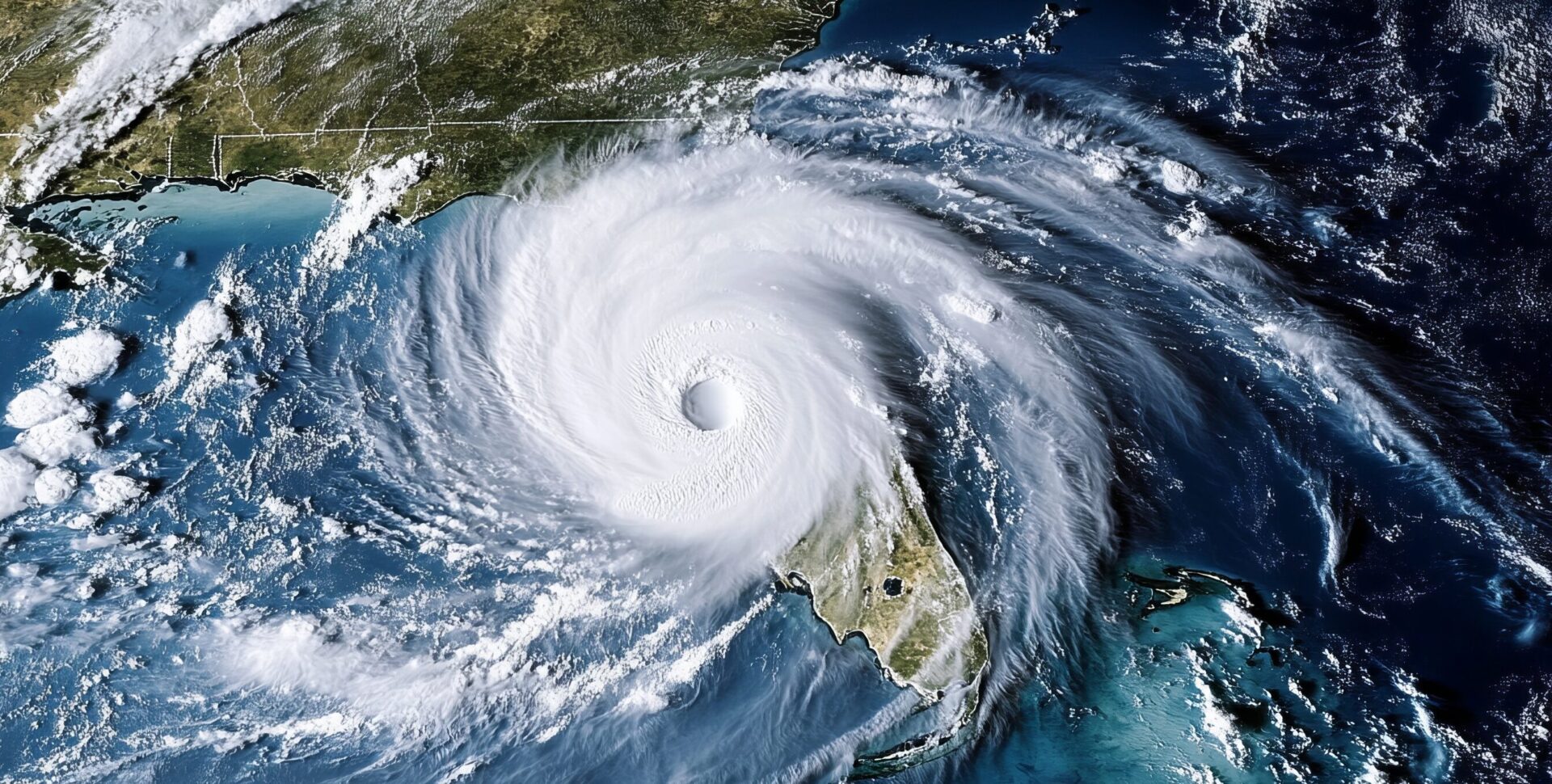 An aerial satellite view shows a massive, swirling hurricane with a well-defined circular eye positioned over the Gulf of Mexico and the Florida peninsula. The bright white, counter-clockwise spiral of thick clouds covers most of Florida and extends across the deep blue ocean water toward the southeastern United States coastline