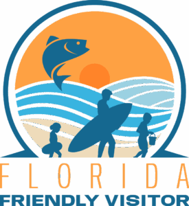 icon with ocean people and fish inside ocean with sunset circle text Florida friendly visitor