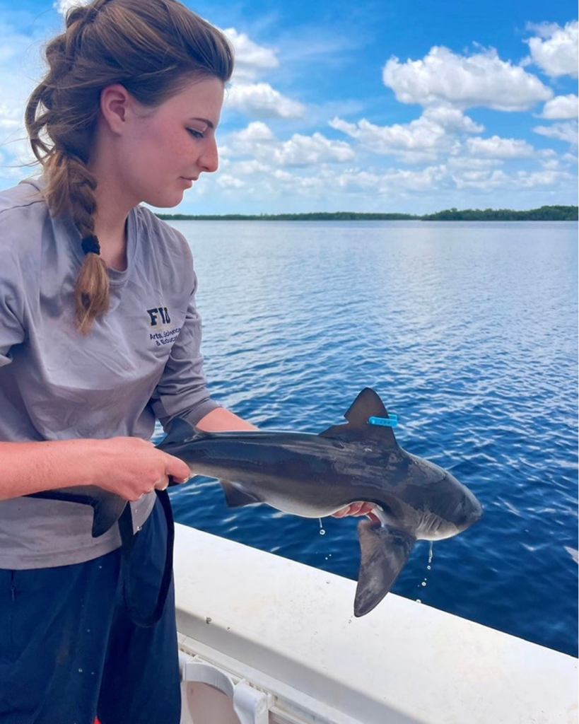 Sophia holding juvenile shark on research boat.