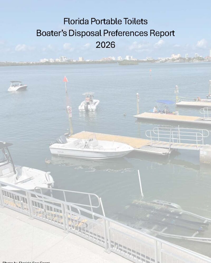 The title cover page of the Florida Portable Toilets Boater’s Disposal Preferences Report 2026. The background features a faded, high-exposure aerial photograph of several boats docked at floating piers in a calm bay, with a distant shoreline visible under a partly cloudy sky. A small photo credit at the bottom reads Photo by Florida Sea Grant.